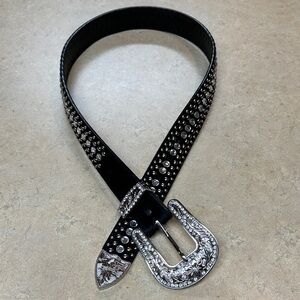 Western Black Studded Belt with Silver Rhinestone Buckle
